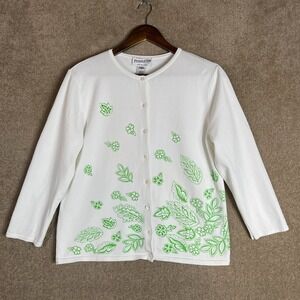 Pendleton Cardigan Sweater Womens Large L White/Green Beaded Floral Button Front